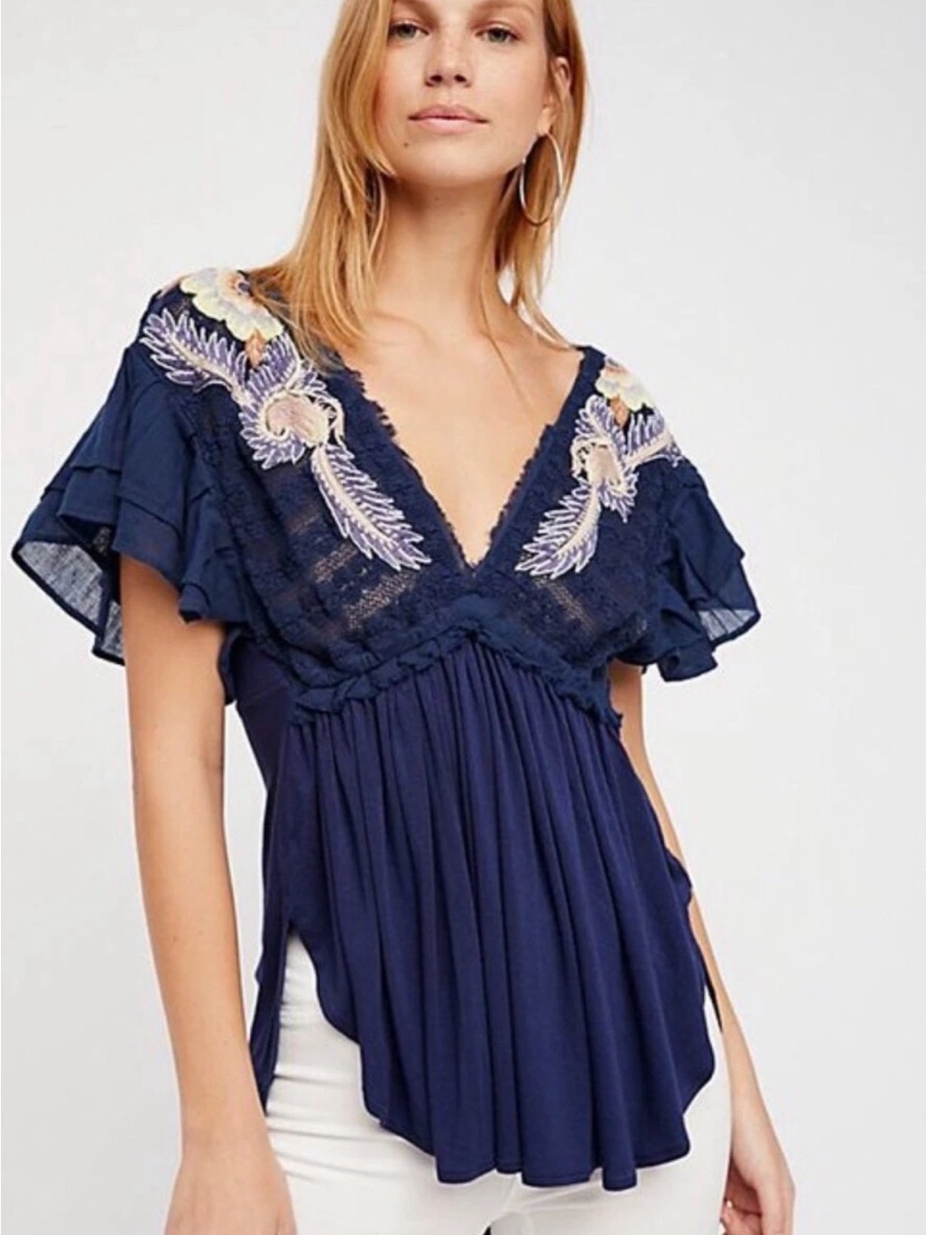 Free People Blue Fiesta Nueva Embroidered Tassel Boho Flowy Low Back Shirt Xs